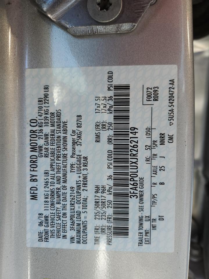 2018 Ford Fusion VIN 3FA6P0LUXJR262149 Copart auction photo, front end / minor dent/scratches damage thumbnail 12
