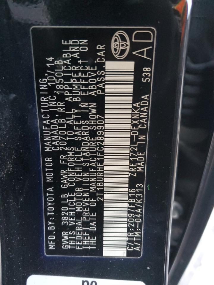 2015 Toyota Corolla VIN 2T1BURHE1FC289907 Copart auction photo, front end damage thumbnail 12