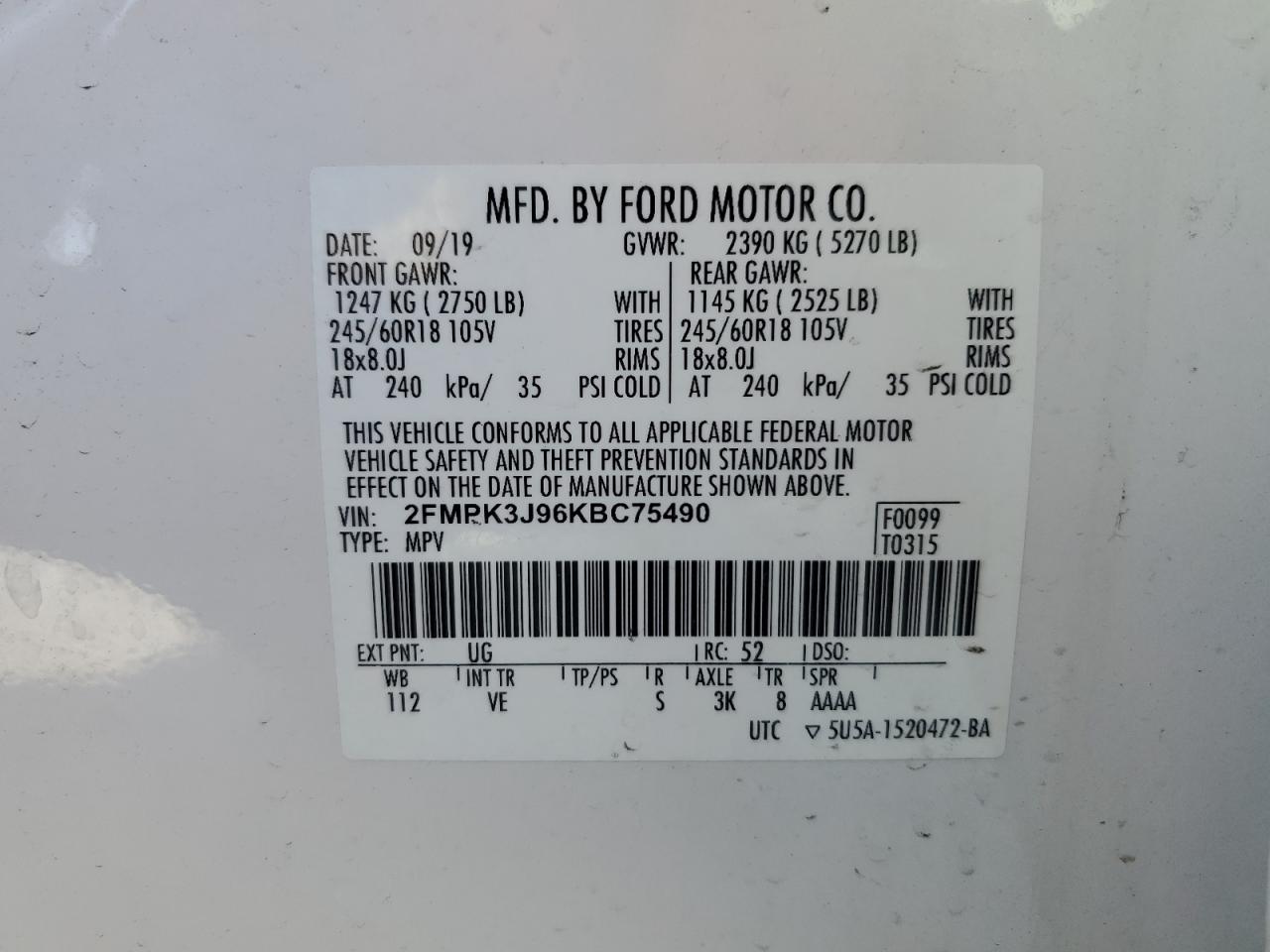 2019 Ford Edge VIN 2FMPK3J96KBC75490 Copart auction photo, front end / minor dent/scratches damage thumbnail 14