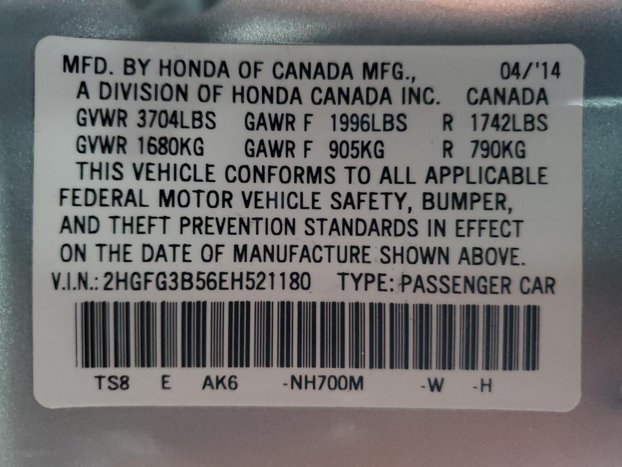2014 Honda Civic VIN 2HGFG3B56EH521180 Copart auction photo, front end damage thumbnail 12