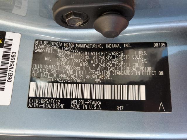 2005 Toyota Sienna VIN 5TDZA22C75S378604 Copart auction photo, front end / side damage thumbnail 13