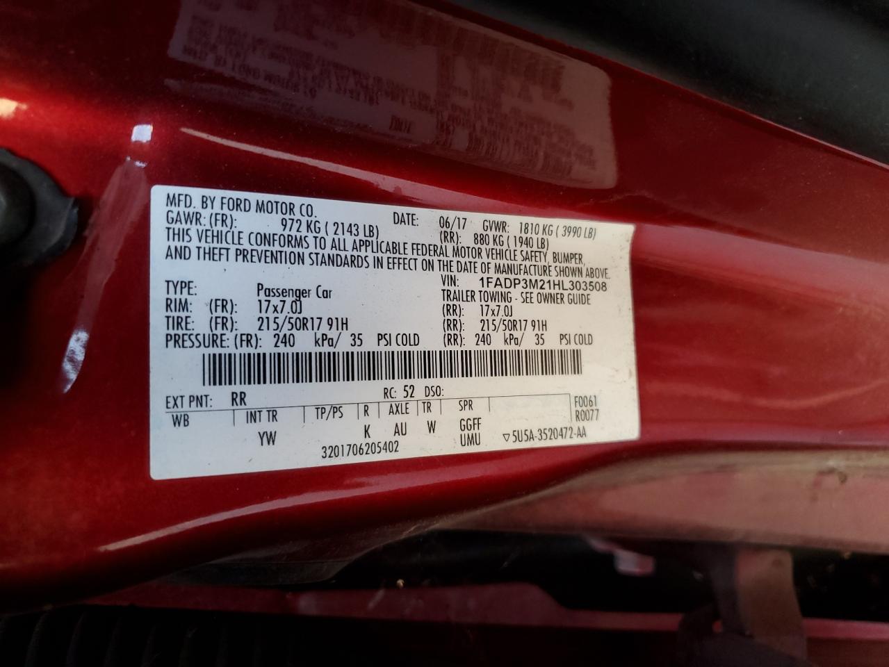 2017 Ford Focus VIN 1FADP3M21HL303508 Copart auction photo, top/roof damage thumbnail 12