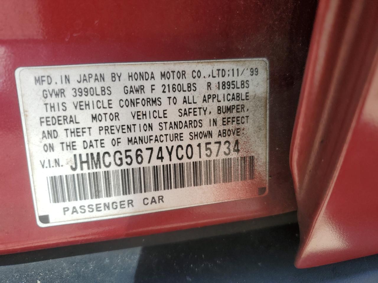 2000 Honda Accord VIN JHMCG5674YC015734 Copart auction photo, front end damage thumbnail 14