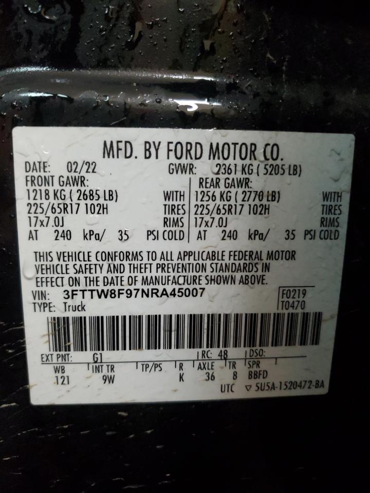 2022 Ford Maverick VIN 3FTTW8F97NRA45007 Copart auction photo, front end / side damage thumbnail 12