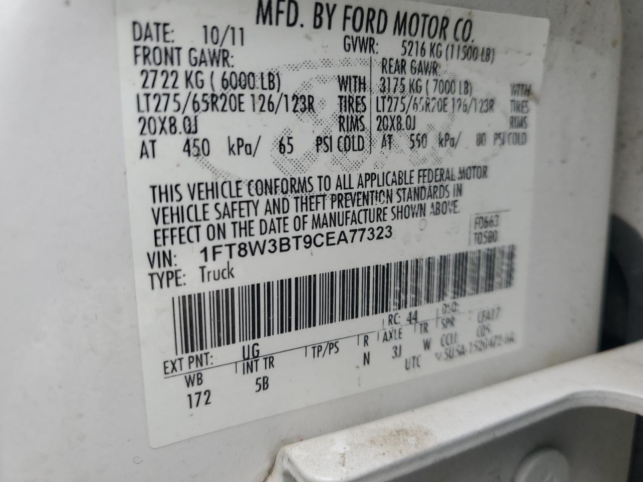 2012 Ford F350 VIN 1FT8W3BT9CEA77323 Copart auction photo, front end / rear end damage thumbnail 12