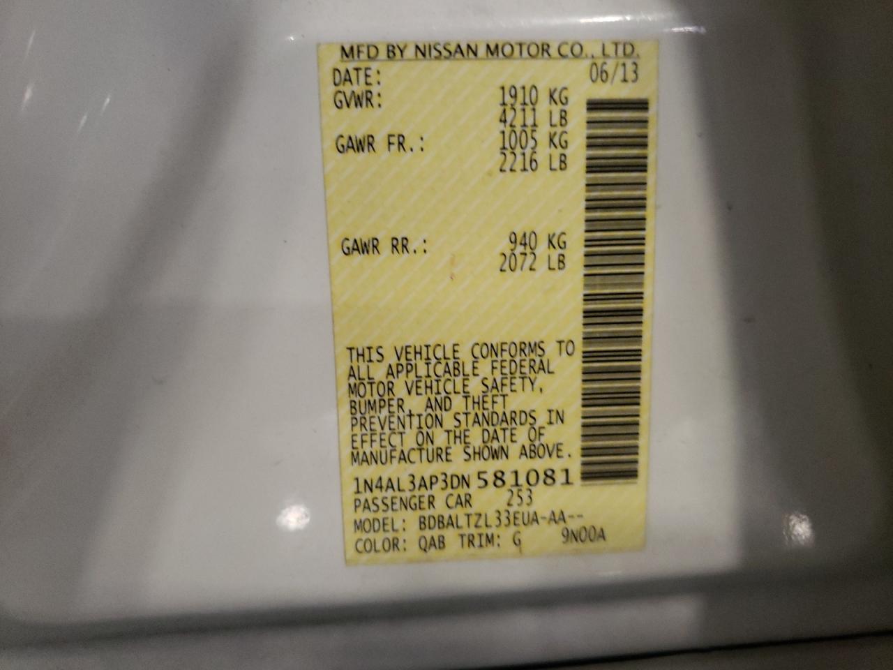 2013 Nissan Altima VIN 1N4AL3AP3DN581081 Copart auction photo, rear end damage thumbnail 12