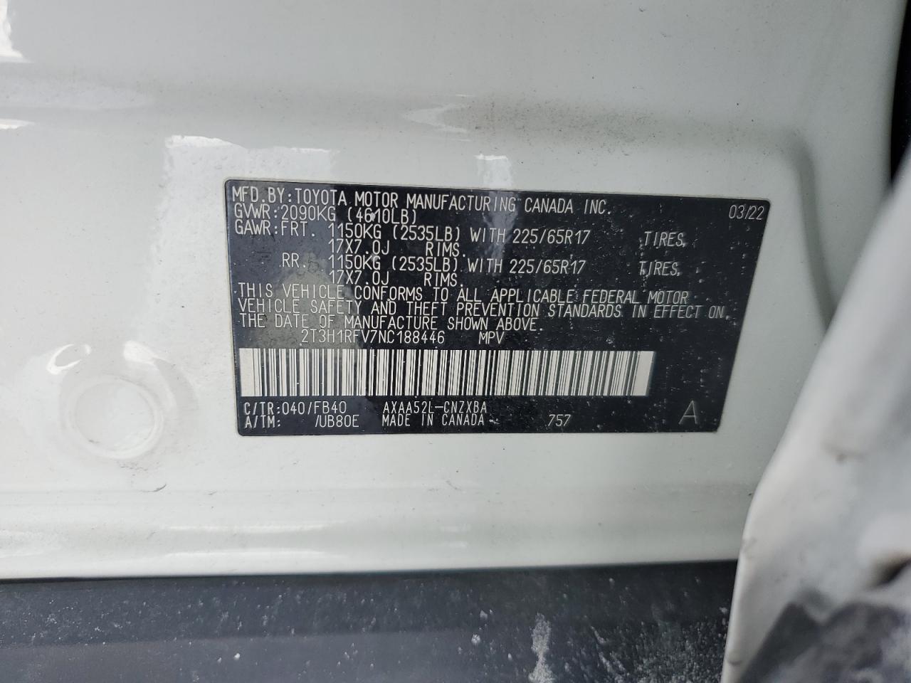 2022 Toyota RAV 4 VIN 2T3H1RFV7NC188446 Copart auction photo, front end / minor dent/scratches damage thumbnail 15