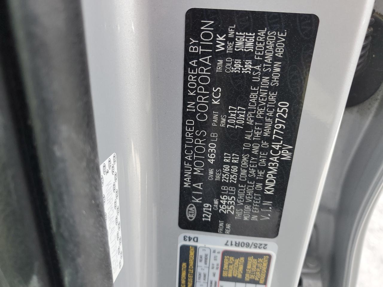 2020 KIA Sportage VIN KNDPM3AC4L7797250 Copart auction photo, front end / side damage thumbnail 13
