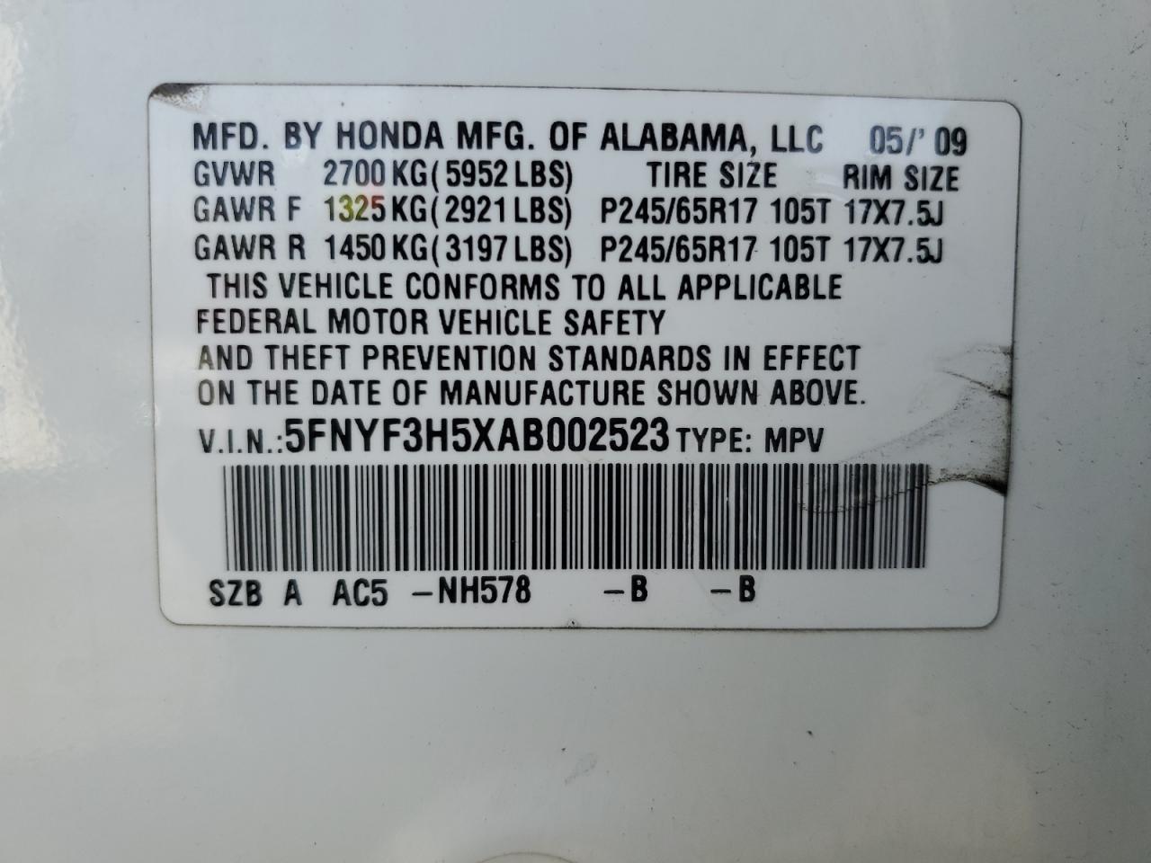 2010 Honda Pilot VIN 5FNYF3H5XAB002523 Copart auction photo, side damage thumbnail 15
