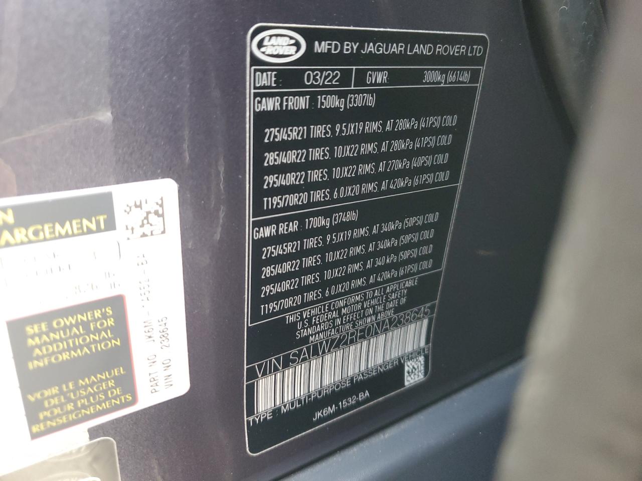 2022 Land Rover Range Rover VIN SALWZ2RE0NA238645 Copart auction photo, front end damage thumbnail 12
