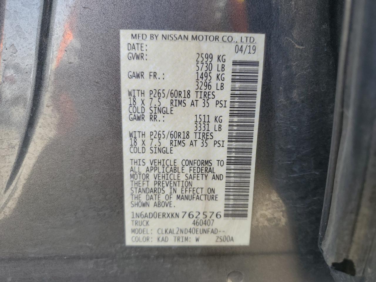 2019 Nissan Navara (Frontier) VIN 1N6AD0ERXKN762576 Copart auction photo, front end damage thumbnail 12