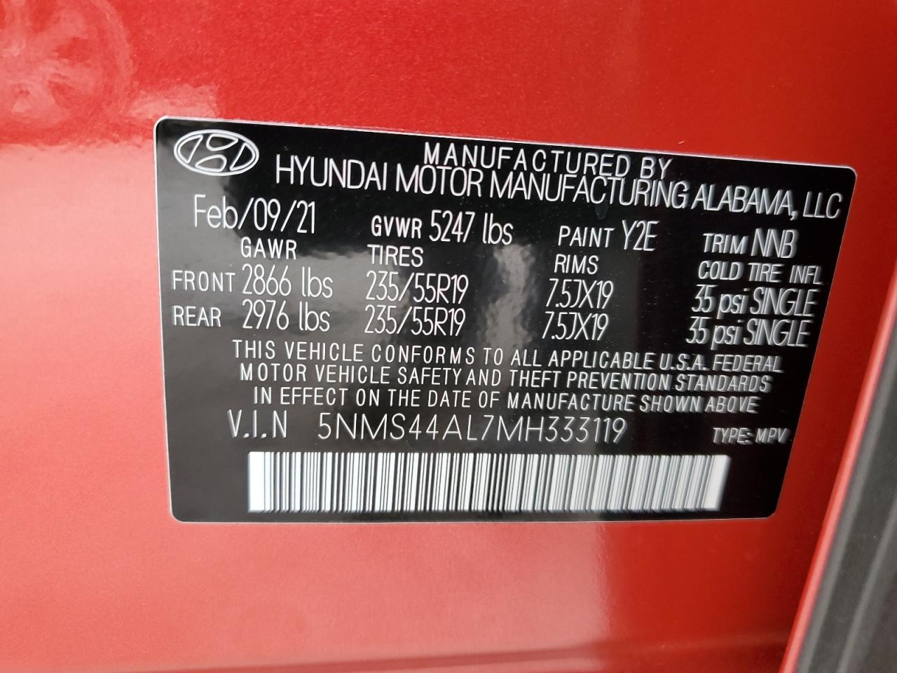 2021 Hyundai Santa Fe VIN 5NMS44AL7MH333119 Copart auction photo, rear end / side damage thumbnail 13