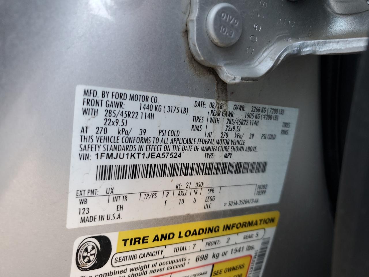 2018 Ford Expedition VIN 1FMJU1KT1JEA57524 Copart auction photo, front end damage thumbnail 13