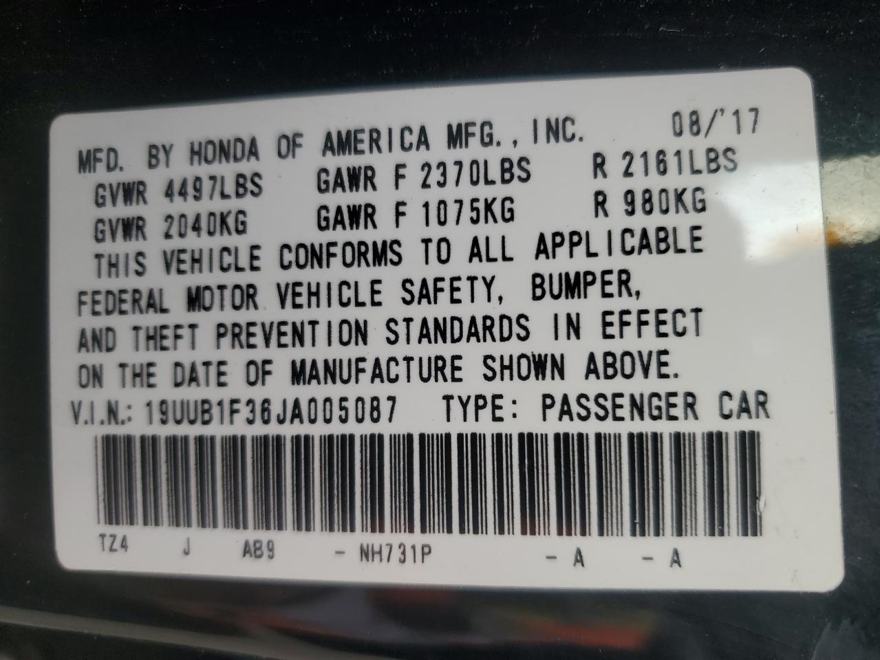 2018 Acura TLX VIN 19UUB1F36JA005087 Copart auction photo, front end damage thumbnail 15