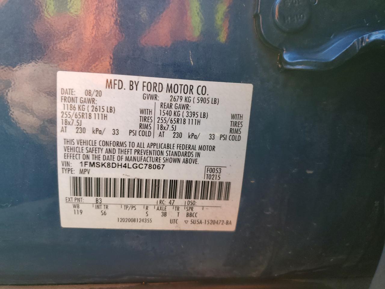 2020 Ford Explorer VIN 1FMSK8DH4LGC78067 Copart auction photo, water/flood damage thumbnail 14