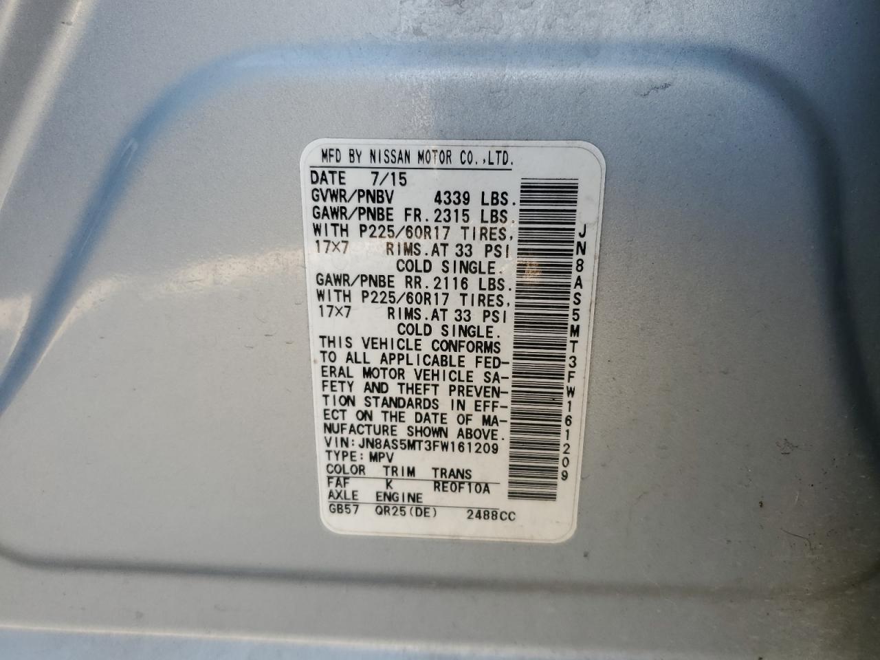 2015 Nissan Rogue VIN JN8AS5MT3FW161209 Copart auction photo, front end damage thumbnail 14