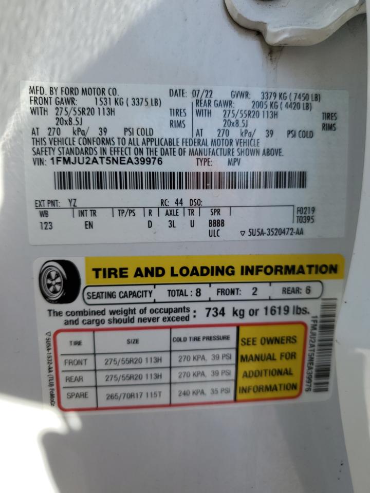 2022 Ford Expedition VIN 1FMJU2AT5NEA39976 Copart auction photo, front end damage thumbnail 16