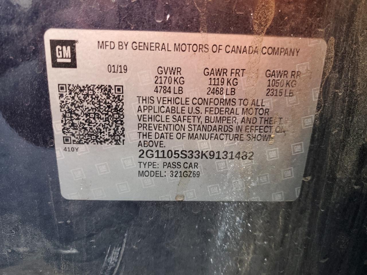 2019 Chevrolet Impala VIN 2G1105S33K9131482 Copart auction photo, front end / side damage thumbnail 14
