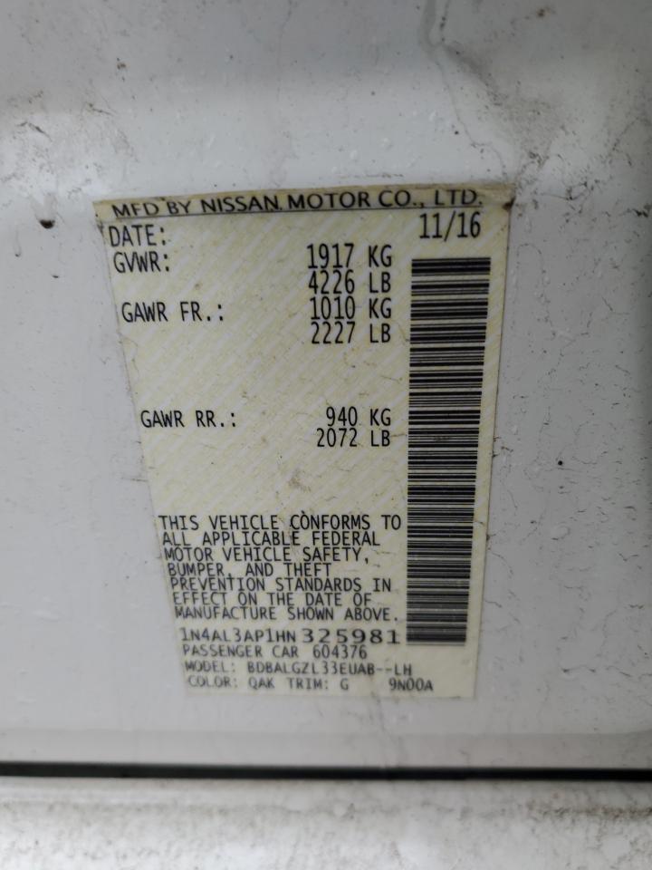 2017 Nissan Altima VIN 1N4AL3AP1HN325981 Copart auction photo, front end / side damage thumbnail 12