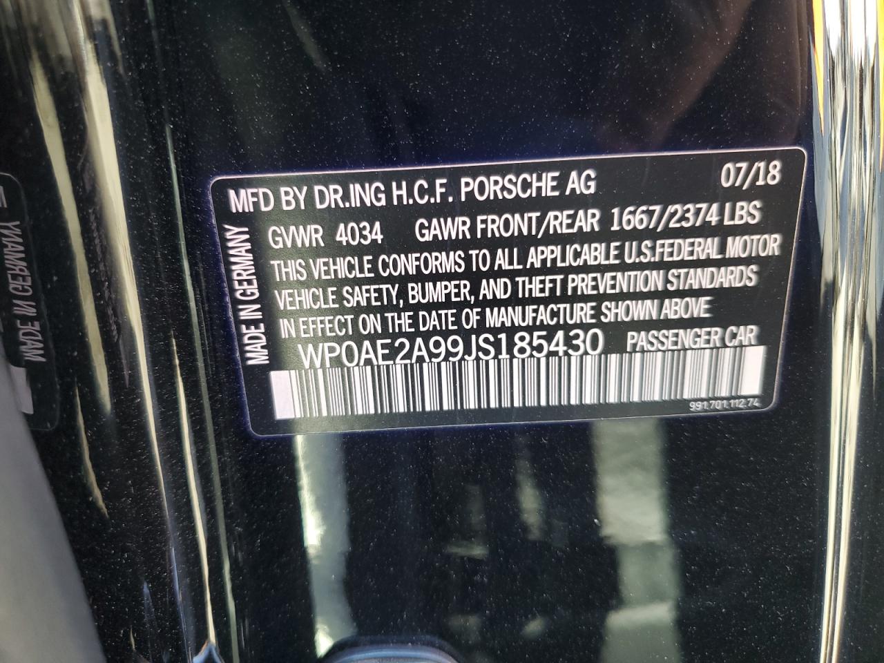 2018 Porsche 911 VIN WP0AE2A99JS185430 Copart auction photo, side damage thumbnail 13