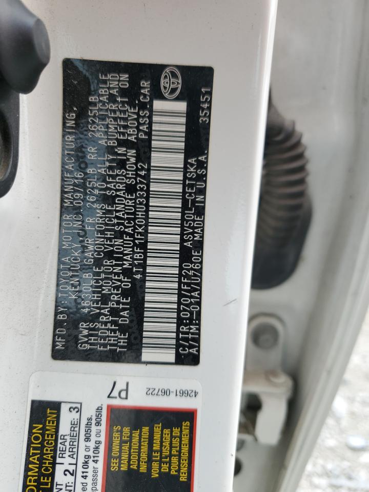 2017 Toyota Camry VIN 4T1BF1FK0HU333742 Copart auction photo, front end damage thumbnail 12