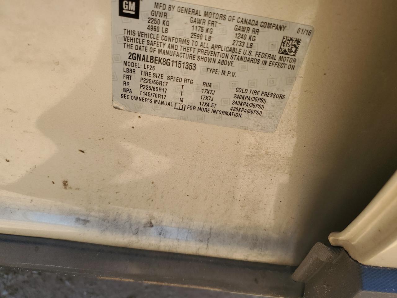 2016 Chevrolet Equinox VIN 2GNALBEK8G1151353 Copart auction photo, front end damage thumbnail 13