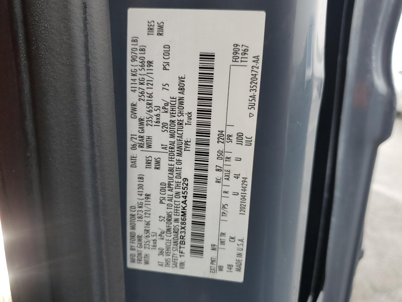 2021 Ford Transit VIN 1FTBR3X86MKA45529 Copart auction photo, rollover damage thumbnail 13