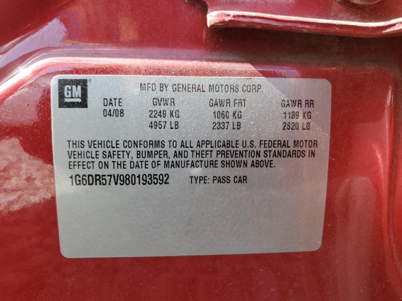 2008 Cadillac CTS VIN 1G6DR57V980193592 Copart auction photo, side / front end damage thumbnail 14