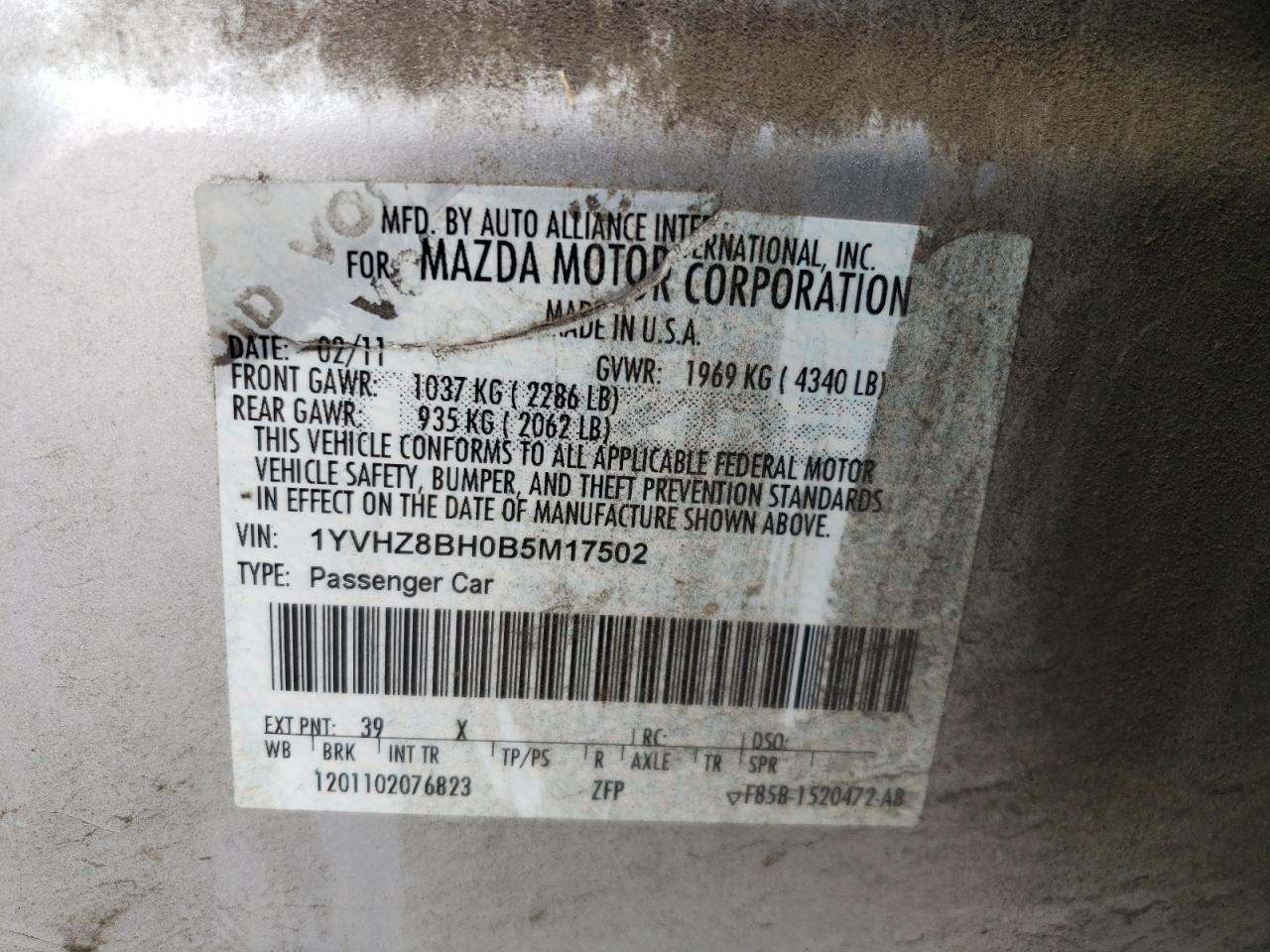 2011 Mazda 6 VIN 1YVHZ8BH0B5M17502 Copart auction photo, side damage thumbnail 12