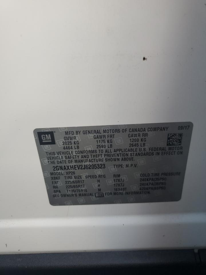 2018 Chevrolet Equinox VIN 2GNAXHEV2J6205323 Copart auction photo, water/flood / hail damage thumbnail 14
