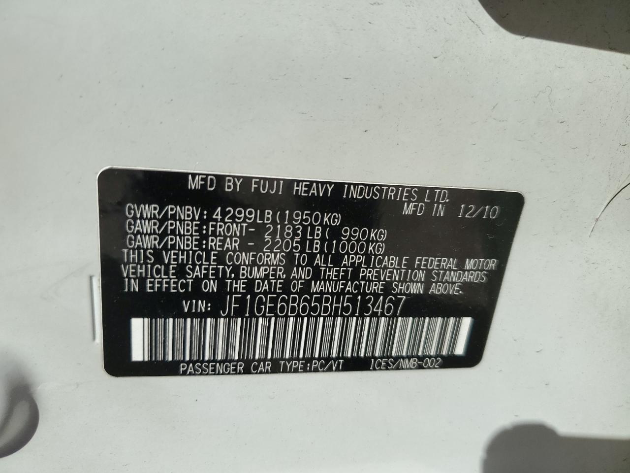 2011 Subaru Impreza VIN JF1GE6B65BH513467 Copart auction photo, front end / side damage thumbnail 12