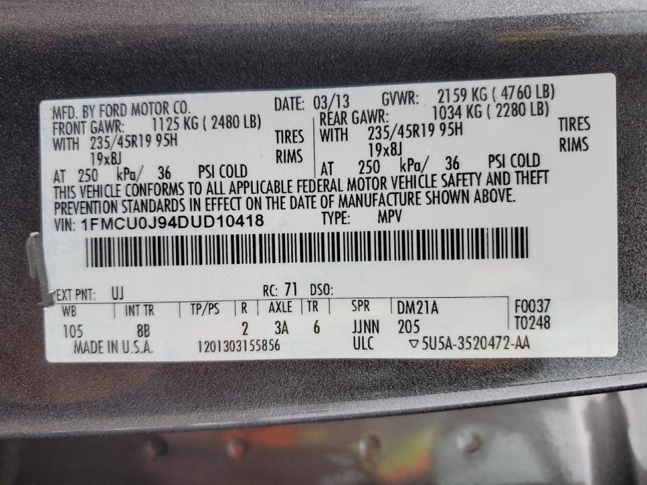 2013 Ford Escape VIN 1FMCU0J94DUD10418 Copart auction photo, front end / side damage thumbnail 13