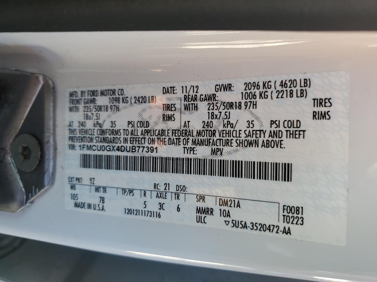 2013 Ford Escape VIN 1FMCU0GX4DUB77391 Copart auction photo, top/roof damage thumbnail 13