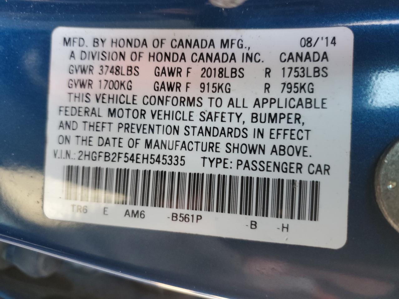2014 Honda Civic VIN 2HGFB2F54EH545335 Copart auction photo, front end / minor dent/scratches damage thumbnail 12