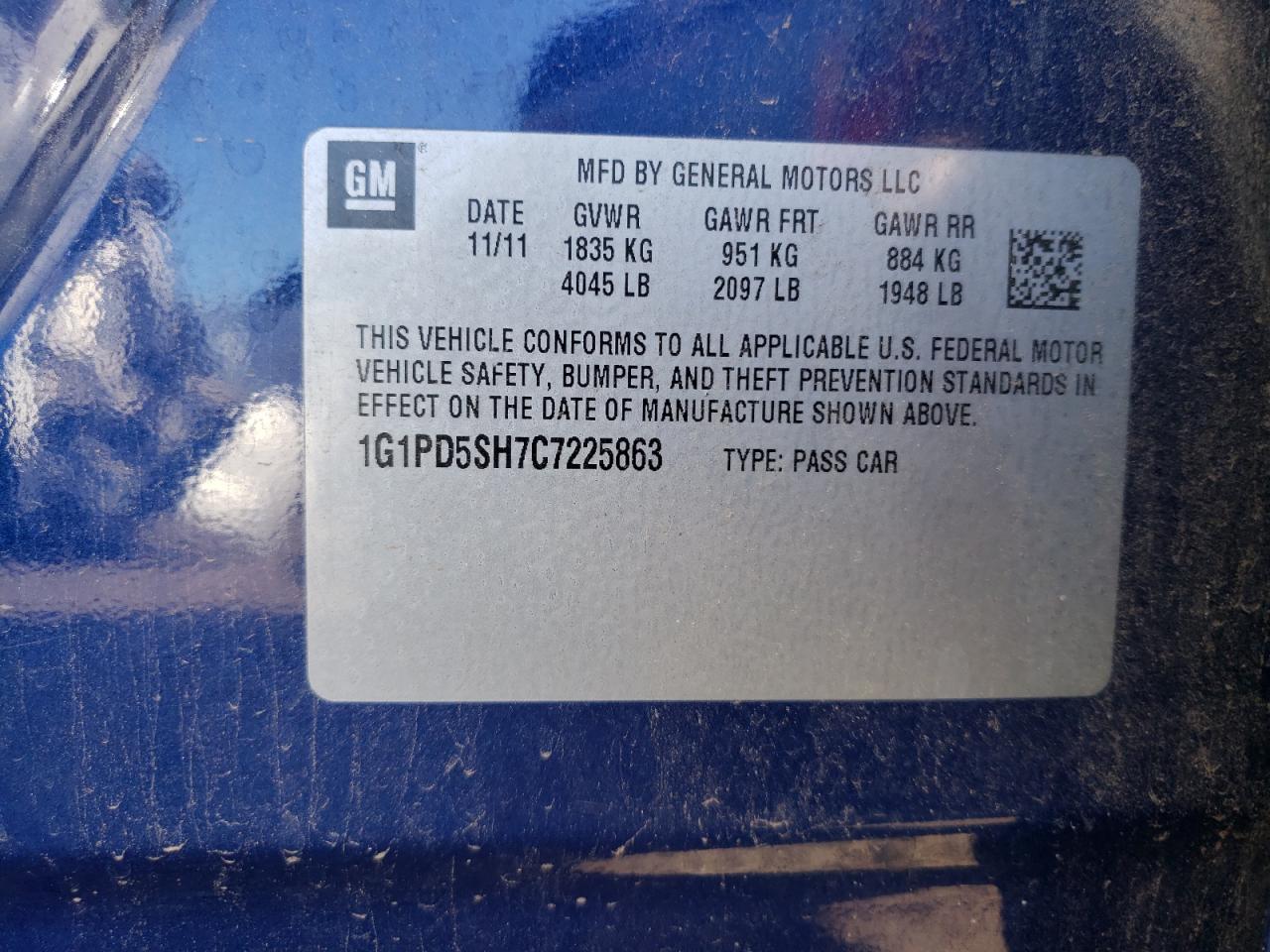 2012 Chevrolet Cruze VIN 1G1PD5SH7C7225863 Copart auction photo, front end / minor dent/scratches damage thumbnail 10