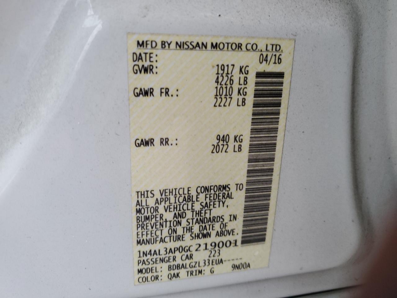 2016 Nissan Altima VIN 1N4AL3AP0GC219001 Copart auction photo, front end damage thumbnail 14