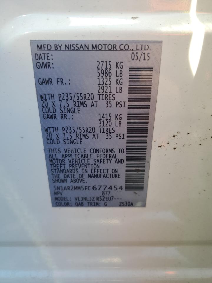 2015 Nissan Pathfinder VIN 5N1AR2MM5FC677454 Copart auction photo, side / rear end damage thumbnail 14