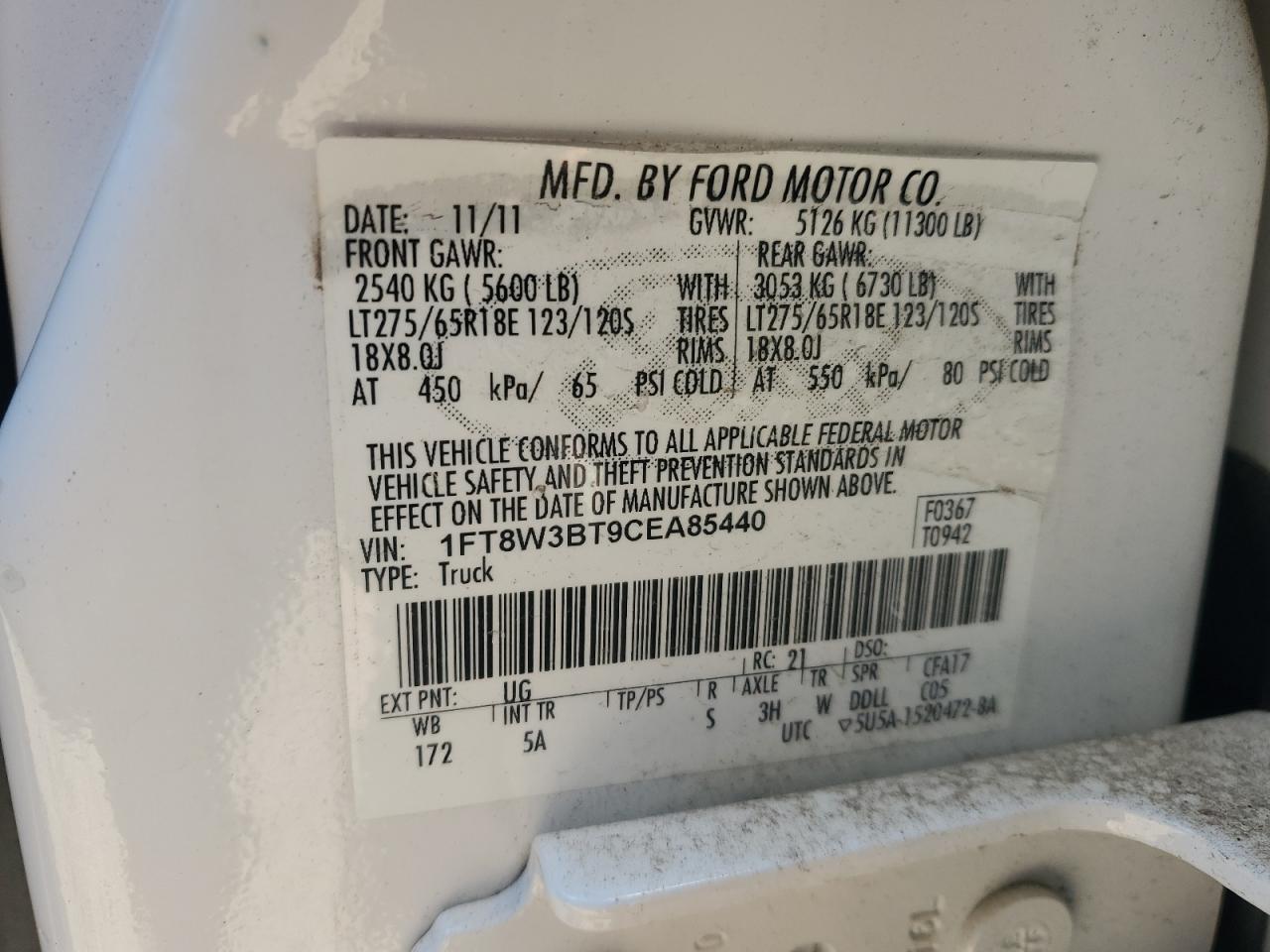2012 Ford F350 VIN 1FT8W3BT9CEA85440 Copart auction photo, front end damage thumbnail 14
