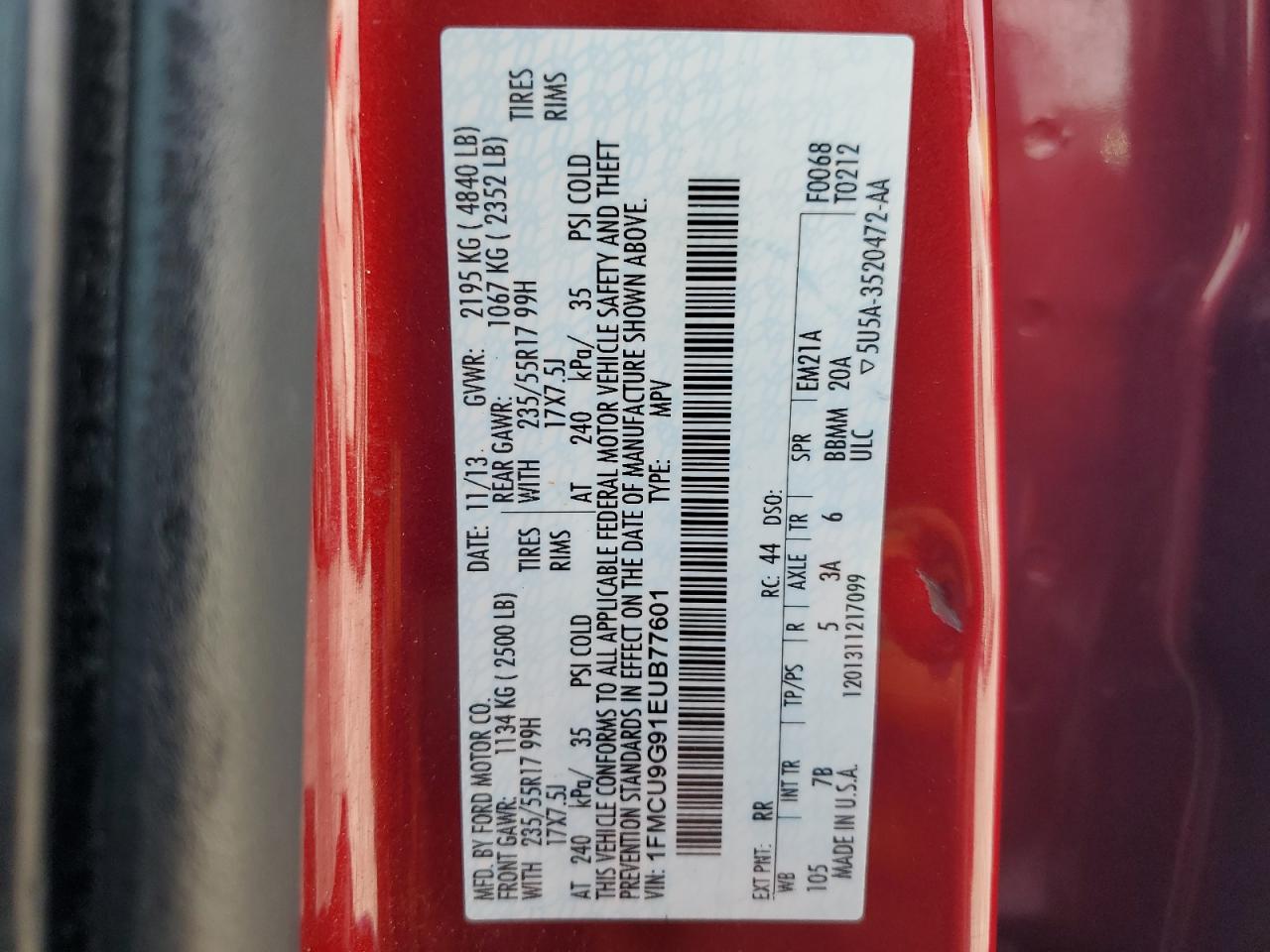 2014 Ford Escape VIN 1FMCU9G91EUB77601 Copart auction photo, front end / side damage thumbnail 16