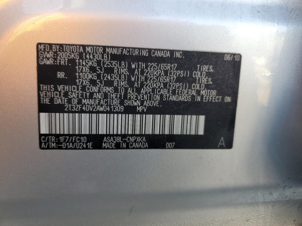 2010 Toyota RAV 4 VIN 2T3ZF4DV2AW041309 Copart auction photo, all over damage thumbnail 13