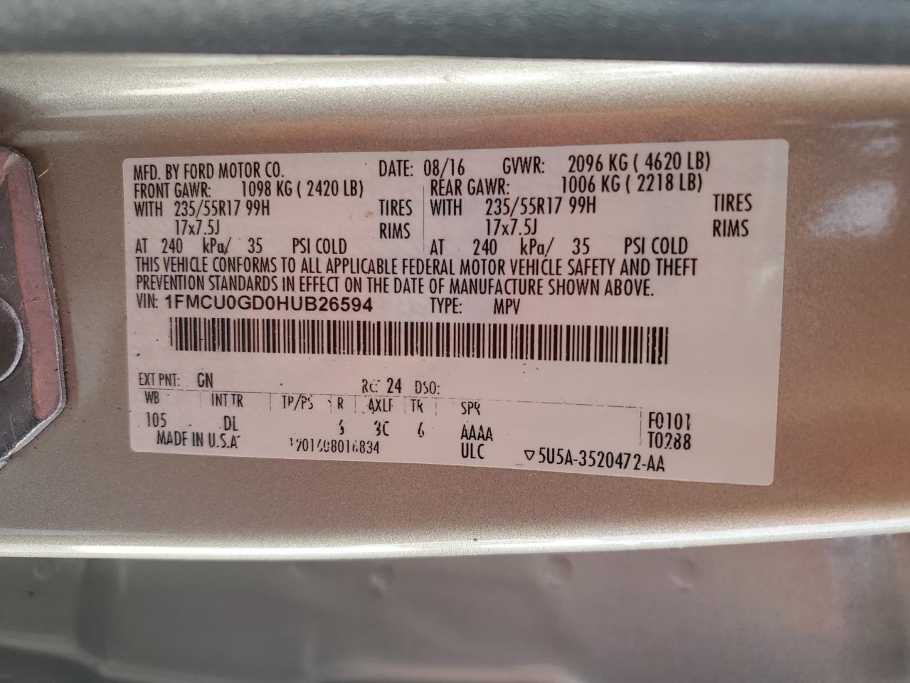 2017 Ford Escape VIN 1FMCU0GD0HUB26594 Copart auction photo, front end damage thumbnail 16
