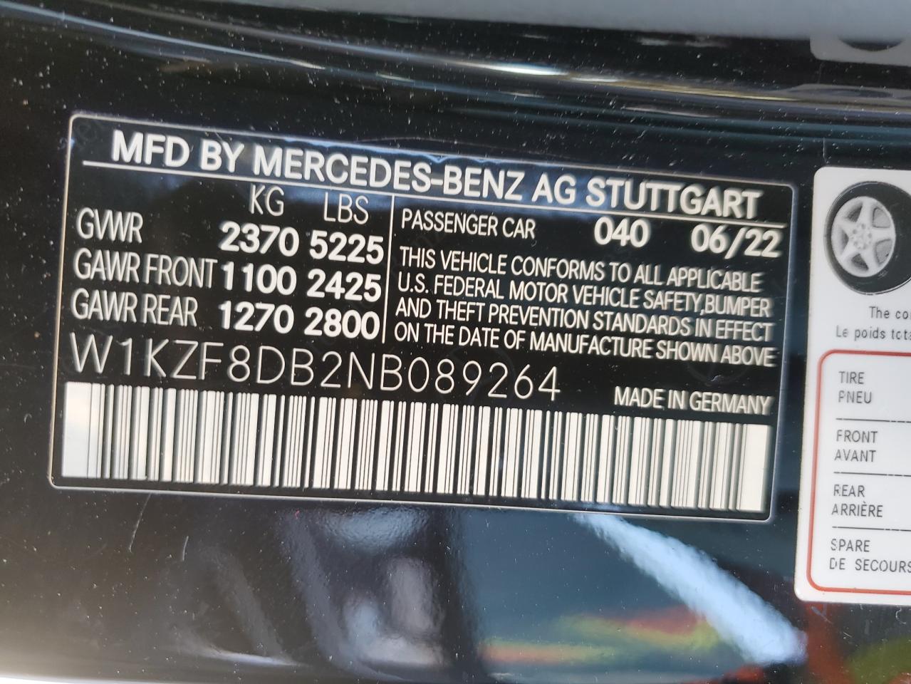 2022 Mercedes-Benz E-klasse VIN W1KZF8DB2NB089264 Copart auction photo, front end / side damage thumbnail 13