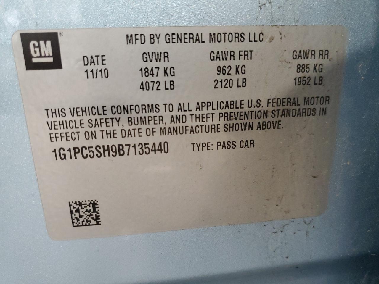 2011 Chevrolet Cruze VIN 1G1PC5SH9B7135440 Copart auction photo, side / front end damage thumbnail 12