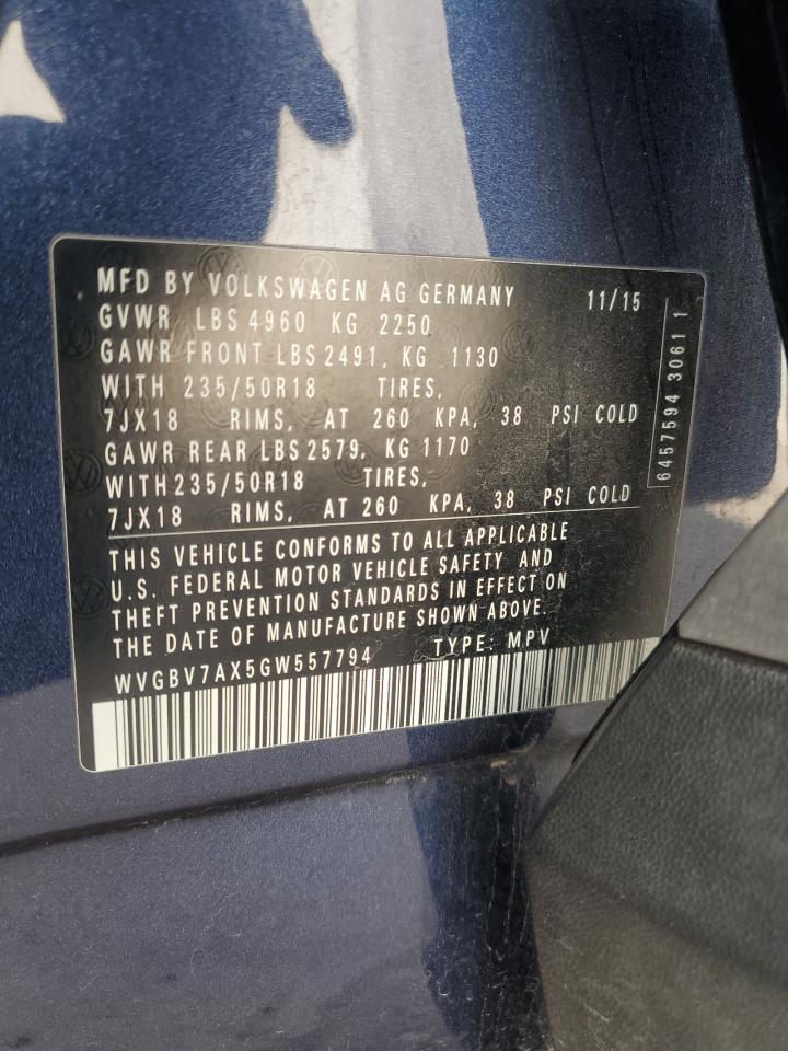 2016 Volkswagen Tiguan VIN WVGBV7AX5GW557794 Copart auction photo, front end damage thumbnail 13