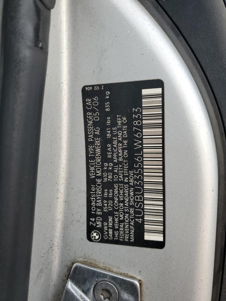 2006 BMW Z4 VIN 4USBU33556LW67833 Copart auction photo, mechanical damage thumbnail 12
