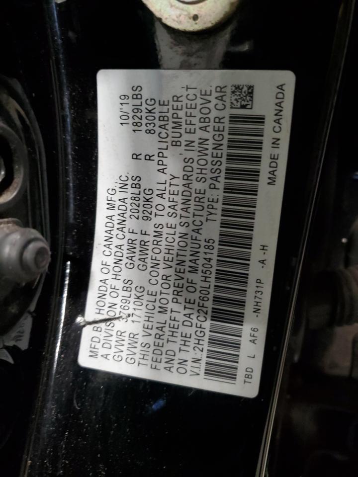 2020 Honda Civic VIN 2HGFC2F60LH504185 Copart auction photo, front end / rear end damage thumbnail 12