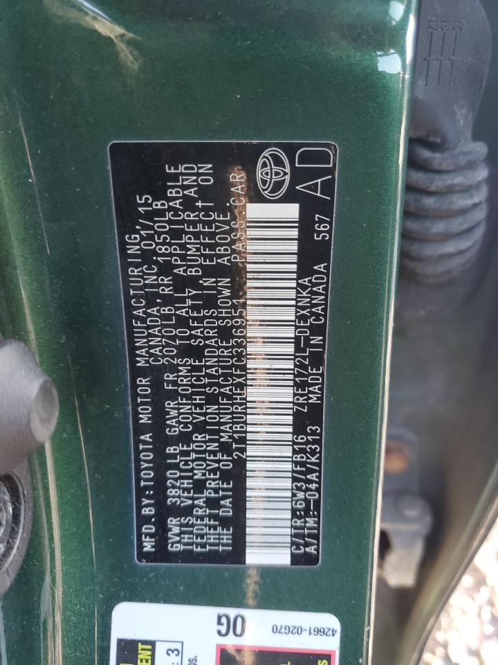 2015 Toyota Corolla VIN 2T1BURHEXFC336951 Copart auction photo, front end damage thumbnail 13