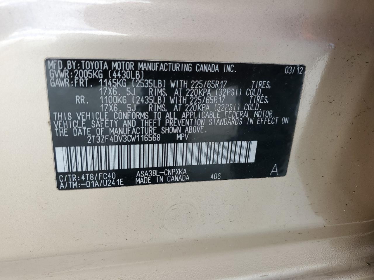 2012 Toyota RAV 4 VIN 2T3ZF4DV3CW116568 Copart auction photo, top/roof / water/flood damage thumbnail 13