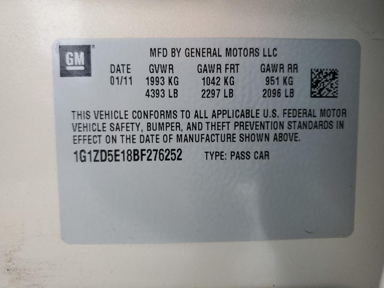 2011 Chevrolet Malibu VIN 1G1ZD5E18BF276252 Copart auction photo, rear end damage thumbnail 12