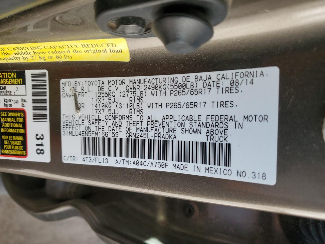 2015 Toyota Tacoma VIN 3TMLU4EN5FM166159 Copart auction photo, front end / side damage thumbnail 12
